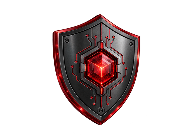 Graphite and red shield protecting an AI core